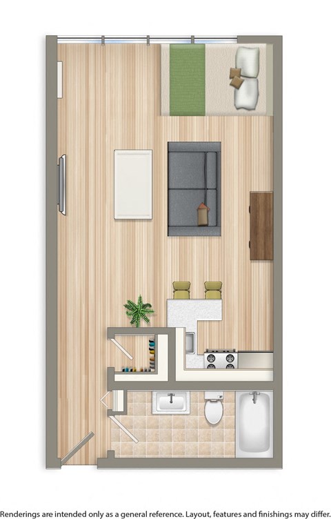 studio apartment floor plan rendering at twin oaks apartments in washington dc